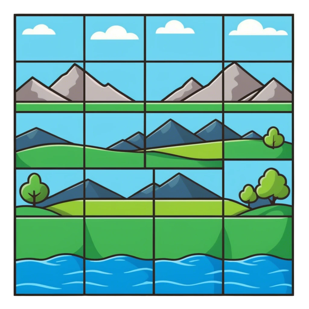 RPG terrain tileset with grass, water, forest, mountain sticker