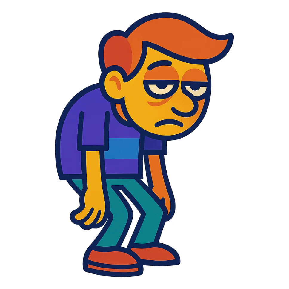 character with heavy eyelids and slouched posture in vibrant toon style sticker