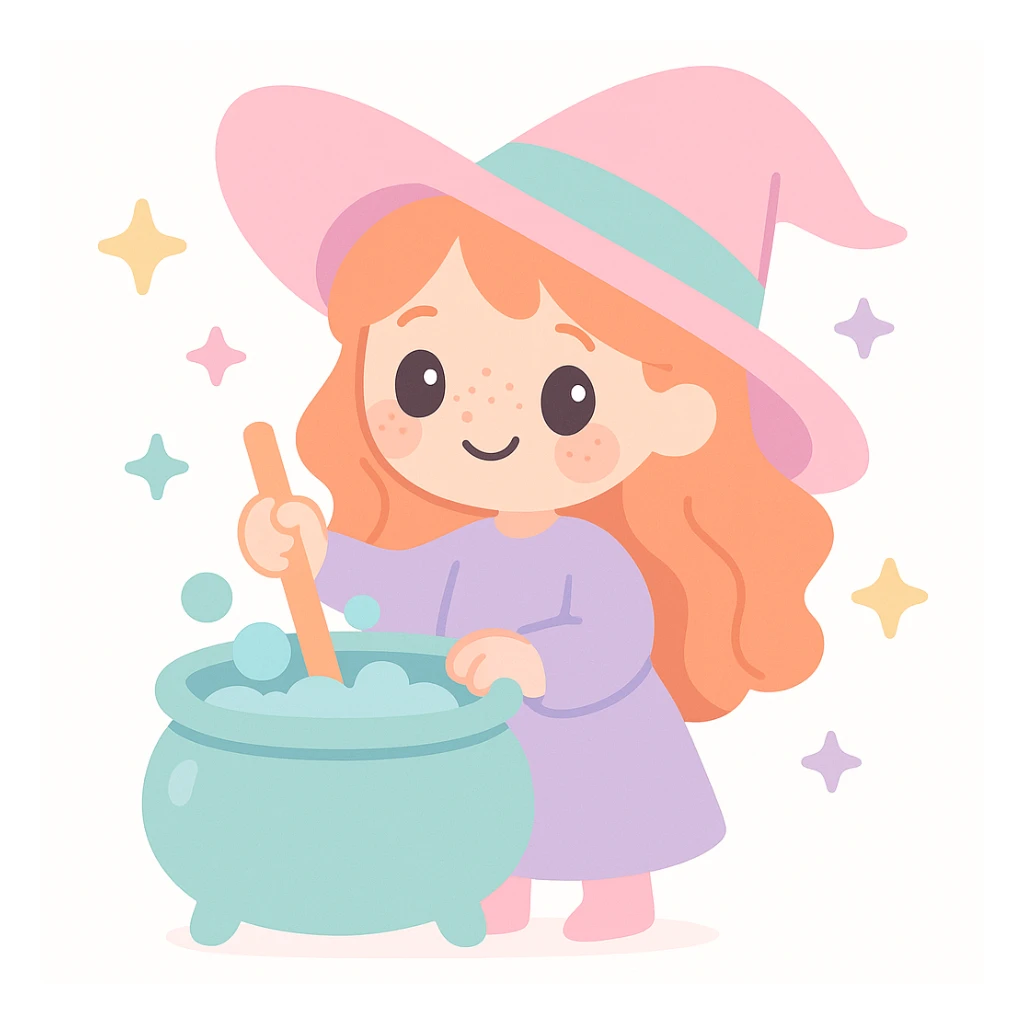a cute ginger witch stirring a bubbling cauldron, freckles, mischievous smile, whimsical style sticker
