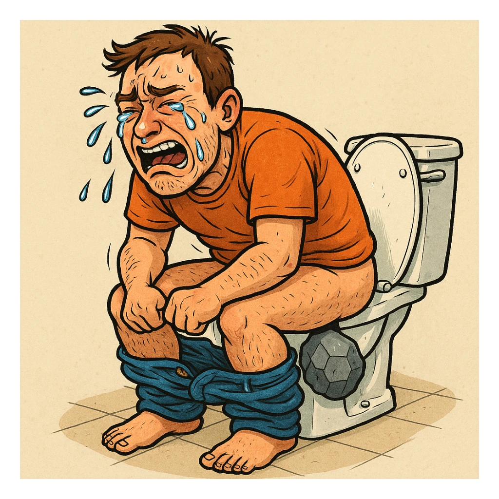 a man pooping a rock and crying, in a clear, expressive style sticker