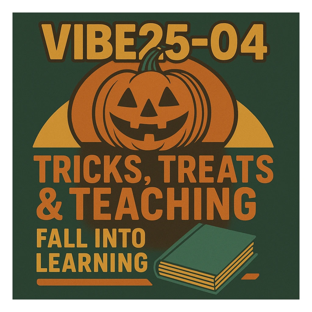 Create a logo that uses both of these images.  Words should read "VIBE25-4: Tricks, Treats & Teaching, Fall into Learning" sticker