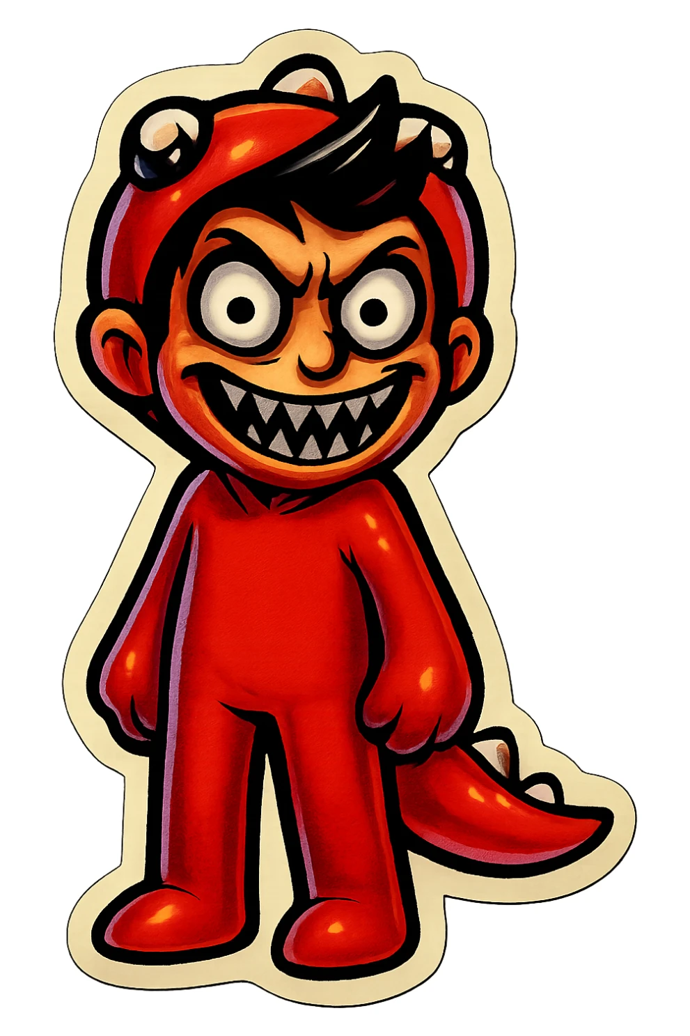 Change the red character's face to a horror/scary expression, such as wide eyes, sharp teeth, or a creepy smile. Keep the transparent background. sticker