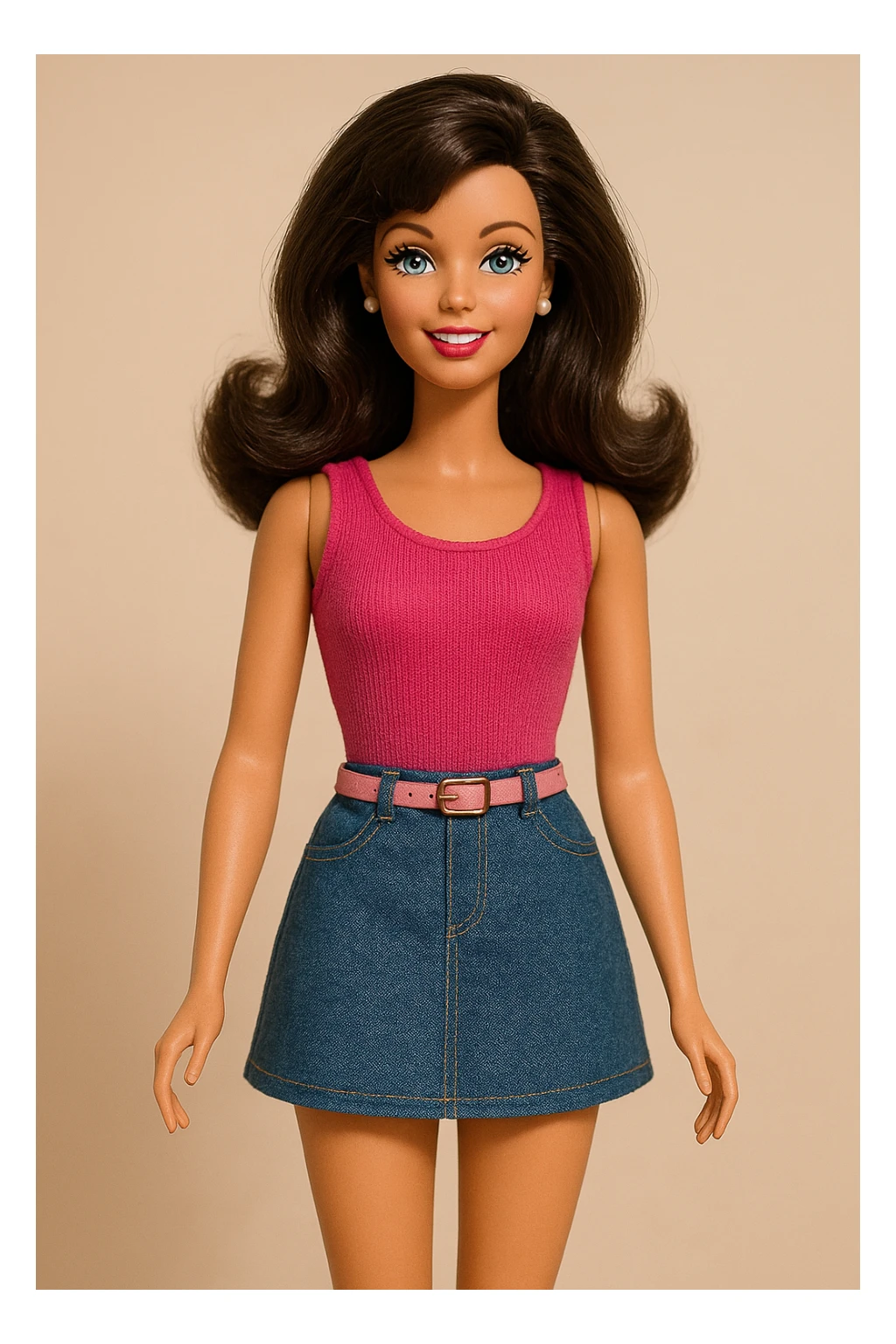 classic brunette Barbie doll, full body, iconic style, cheerful expression, modern fashion, soft lighting sticker