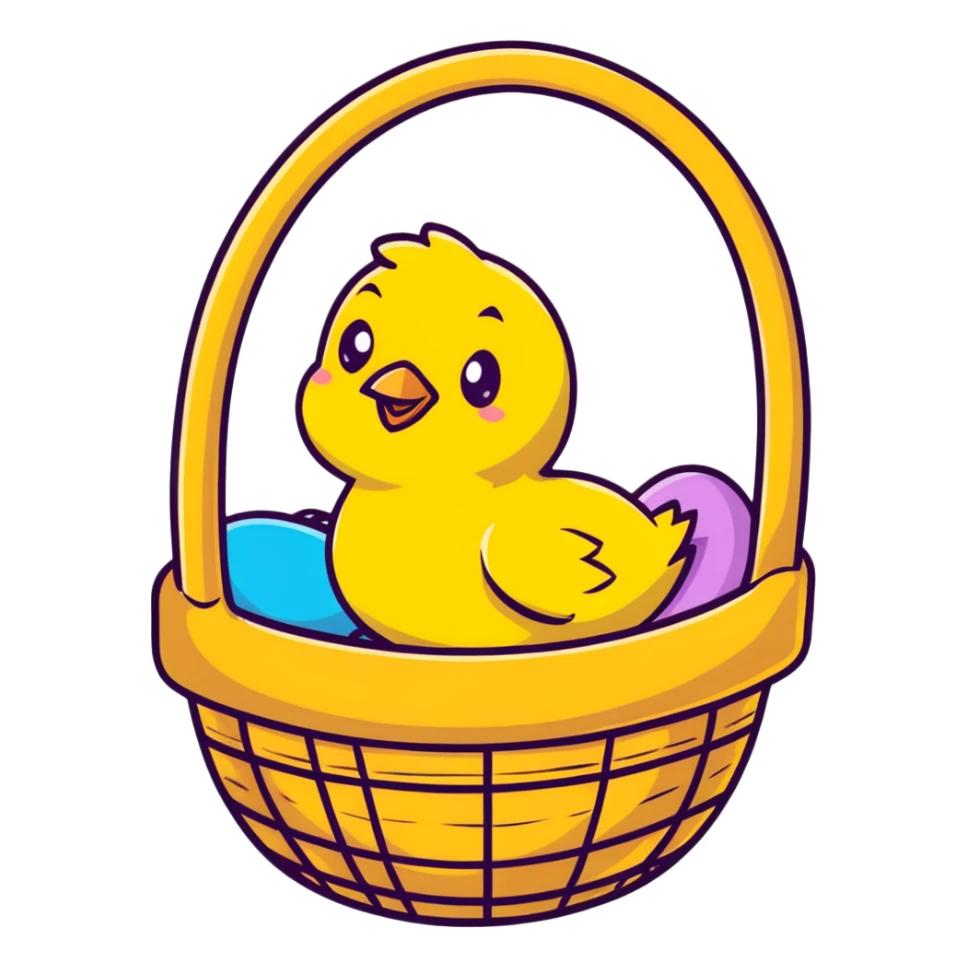 Yellow chick sitting in an Easter basket with colorful eggs sticker