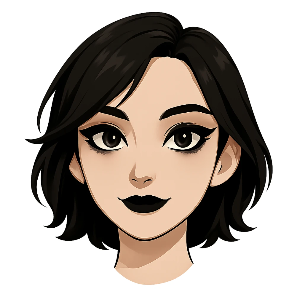 Isolate and keep only the face of Samsung Sam, removing neck and torso. The face should have black bob haircut and gothic style makeup. Preserve transparent background. sticker