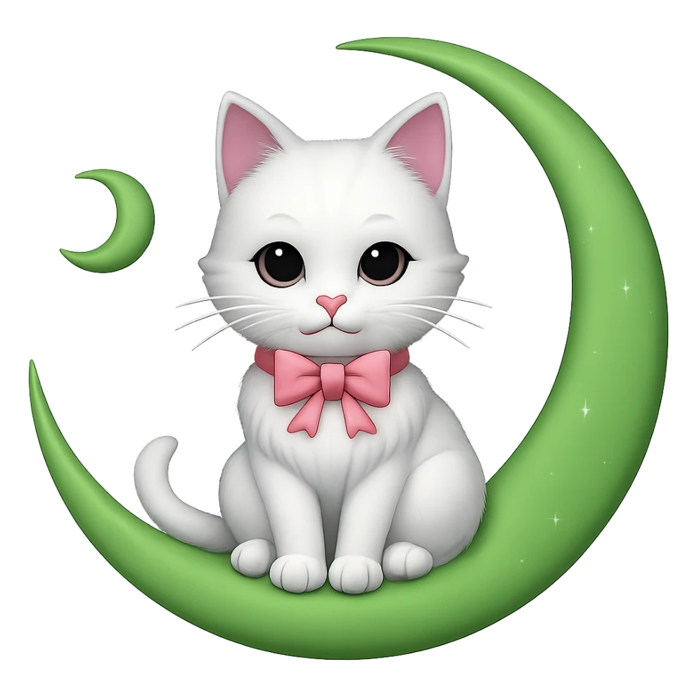 Change the crescent moon to green, keep the white cat with pink bow, in emoji style with no background. sticker