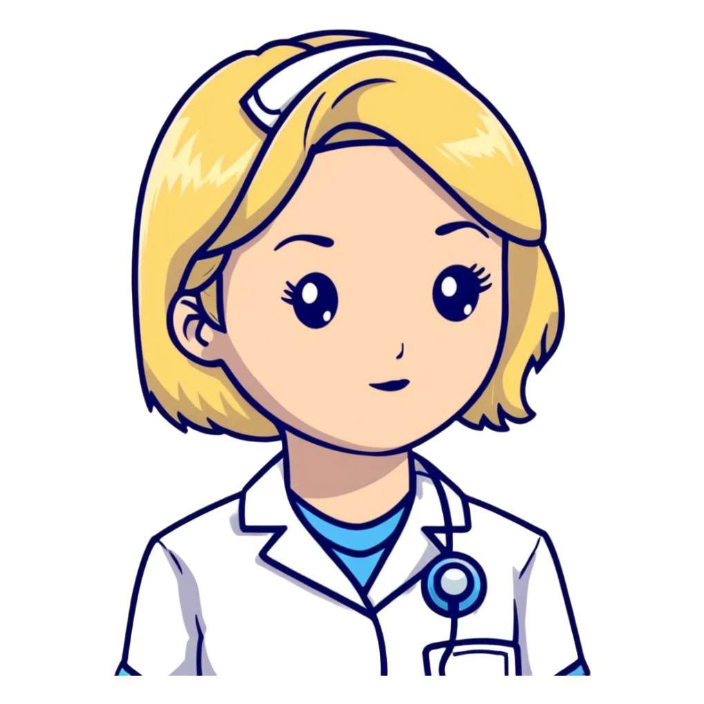 blonde woman kinesiologist in medical uniform with thoughtful face sticker