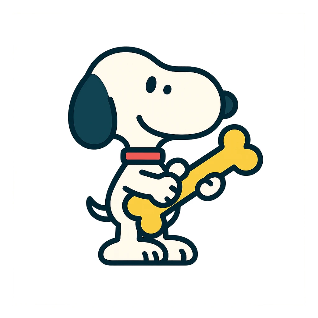 Snoopy, outlined and colorful, holding a bone sticker