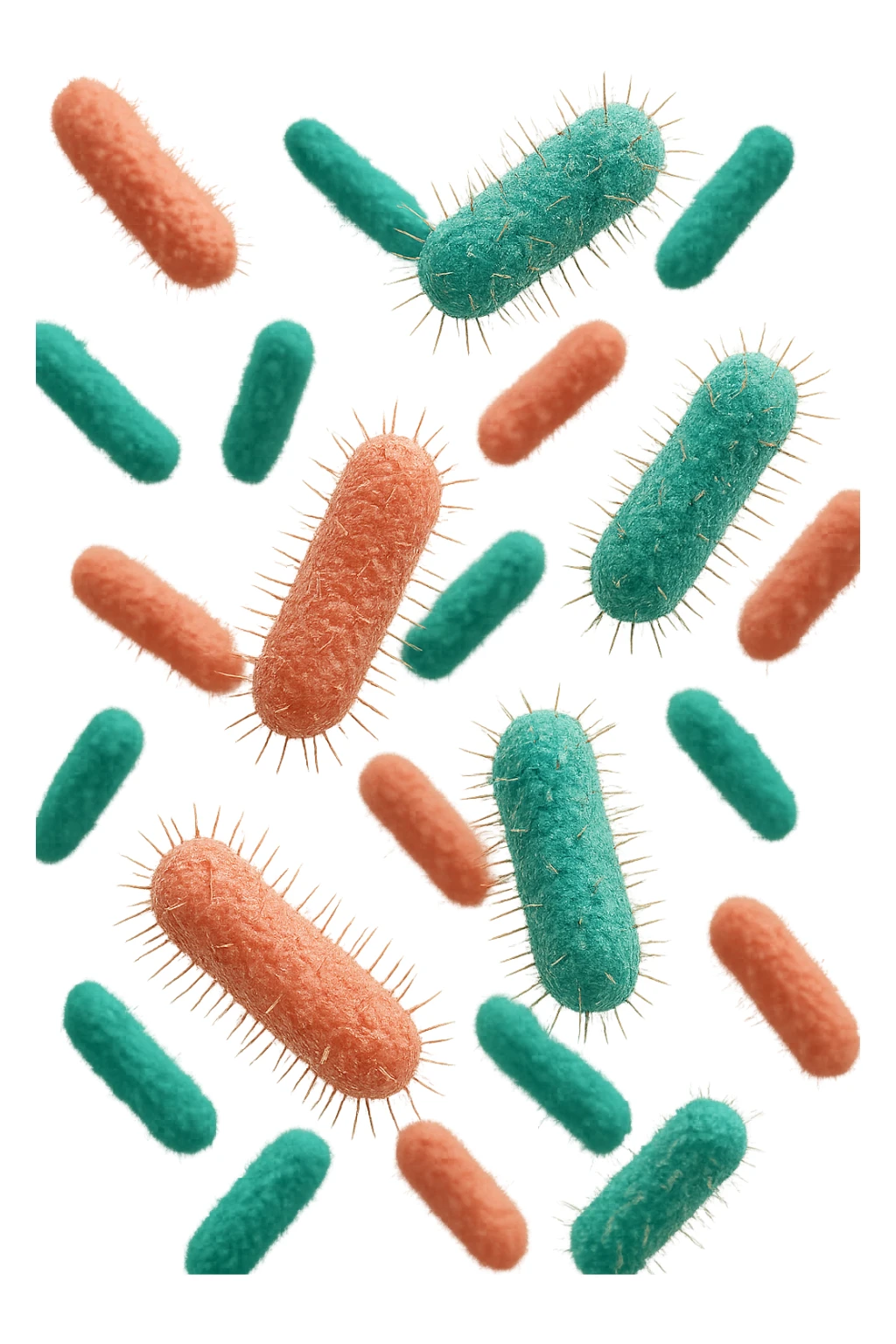 batteri intestinali rosa salmone e turchesi fluttuano in aria, iperrealistici 4k sticker