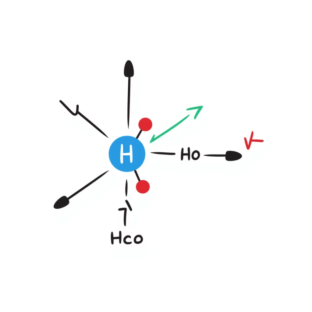 Clean hormone molecule diagram: large blue hormone icon in center with geometric molecular structure, red receptor binding sites, and neat green arrows showing action pathway. Simple hand-drawn illustration with minimal background and organized layout. sticker