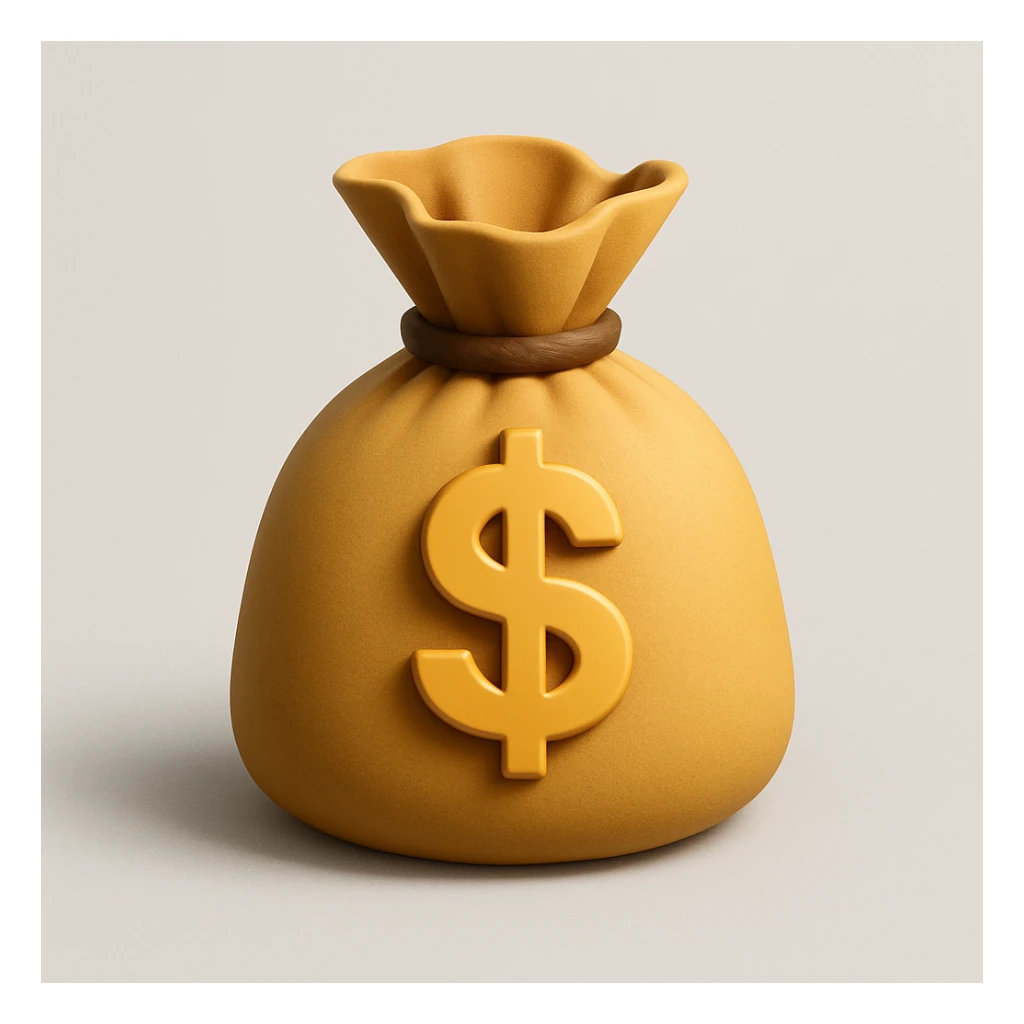 Make the money bag icon look 3D with shading and depth, keeping it modern and clear. Maintain a clean and contemporary appearance with realistic 3D effects. sticker