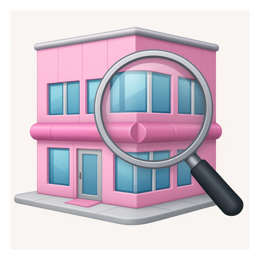 Make it apple style emojis: Add a magnifying glass over the partly pink, very stylish beauty salon building sticker