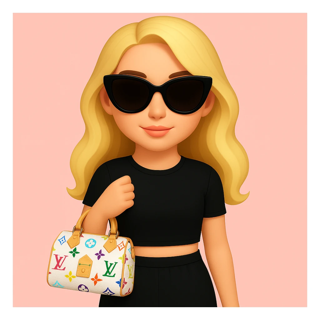 Remove all jewelry, make her lips a lighter pink, adjust her skin tone to be slightly more tan, and change the Louis Vuitton bag to a Speedy 30 Multicolore in white with rainbow monogram. Keep the pink background and sunglasses. sticker