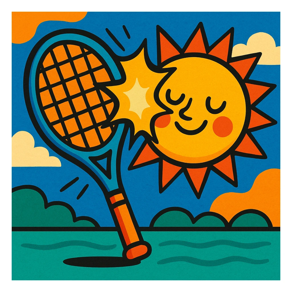a tennis racket and sun colliding, whimsical, bold colors, vibrant cartoon style sticker
