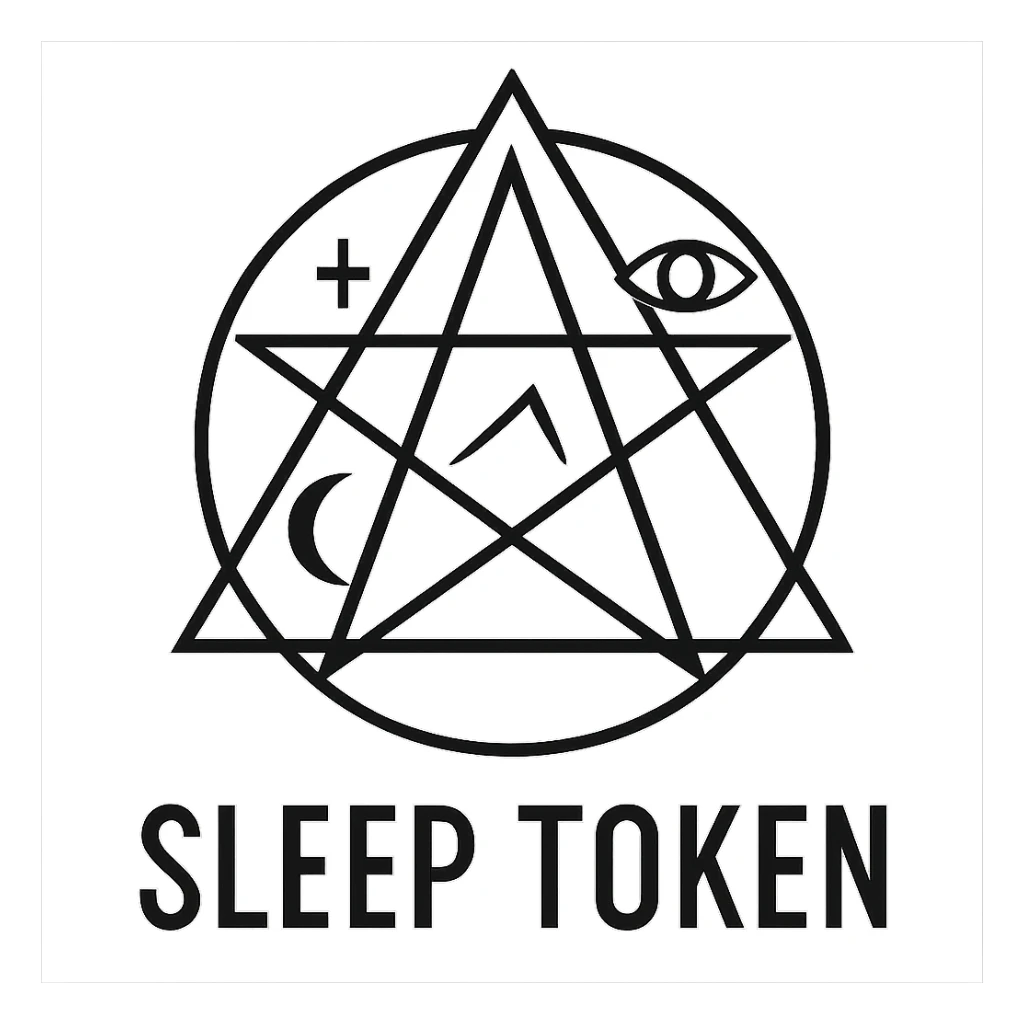 geometric Sleep Token logo with subtle occult symbols, modern style, black and white sticker