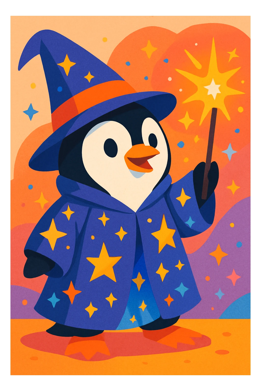 penguin wizard casting a spell, with sparkles and a starry robe, vibrant toon style sticker