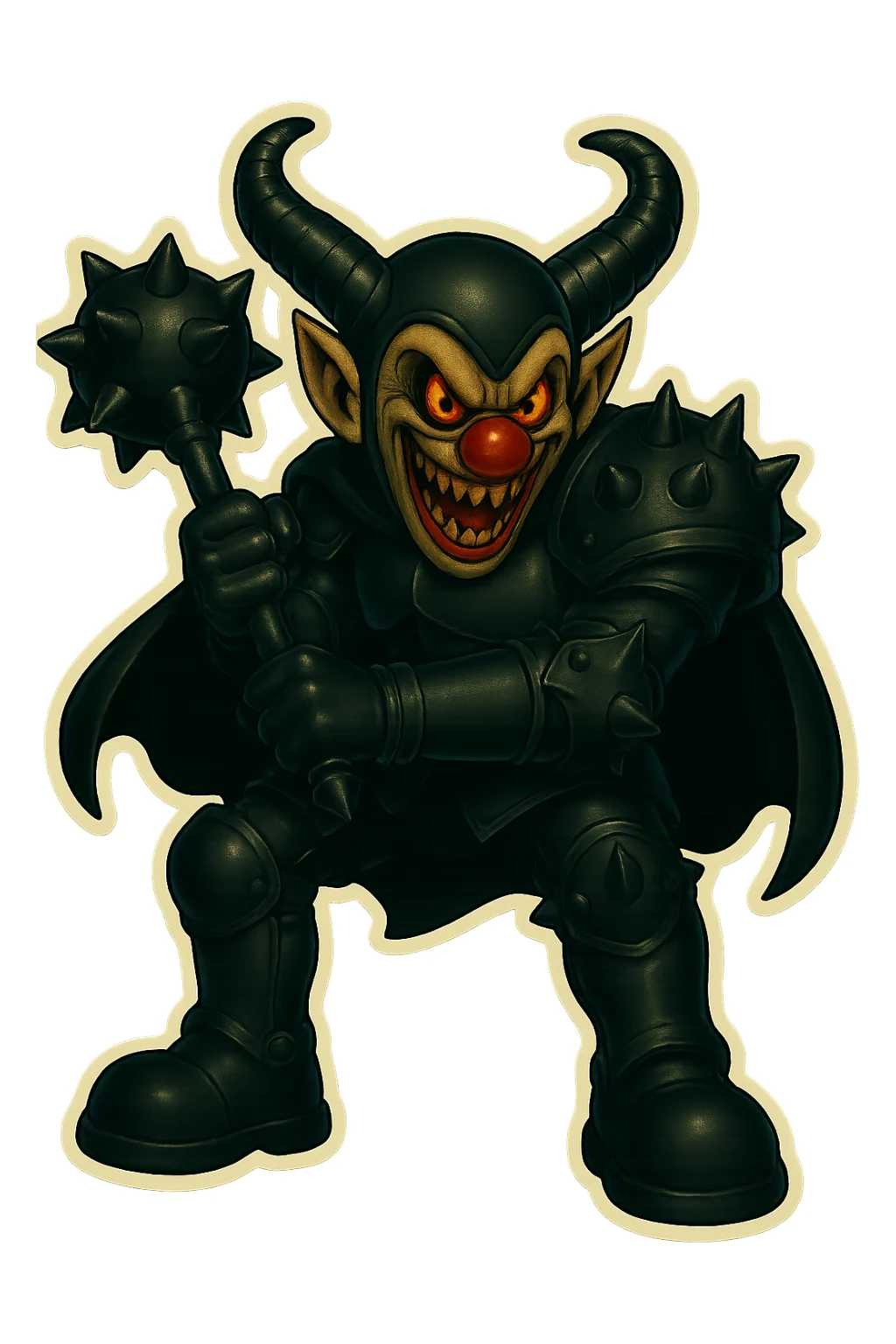 A menacing armored clown with ram horns, holding a mace with an oversized spiked head, wearing a short cape and glossy black on matte black armor, with large but not comically oversized black clown shoes, full body, vibrant retro stickers style, no yellow aged tint, glowing gold-red eyes, with a spike on the knee armor, a spike on the elbow, and multiple spikes on the shoulder armor, transparent background. sticker