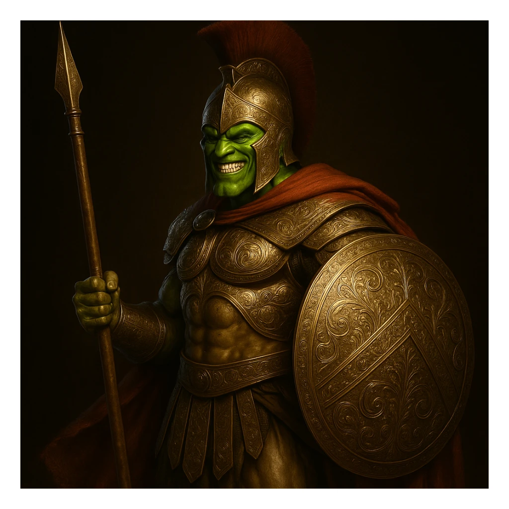 Increase the detail of the Spartan armor, adding realistic engravings, metallic shine, and intricate shield patterns, keeping the Mask's look. sticker