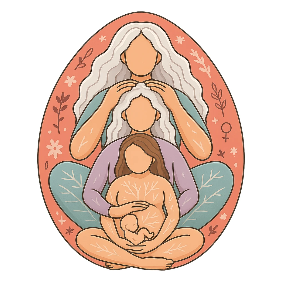 Create a volumetric illustration of several generations of women sitting one behind another as in the reference. The figures should be realistic but without faces, with details, shadows, and highlights. Use thin clean contours and soft rounded shapes in a pastel palette including #98B5BC, #B5B3C1, #C9A3C9, #E4C0CA, #F7DCD1, #F7C0AA. The style should reflect modern Japanese pop-art and sticker aesthetics with soft lighting and a transparent background. sticker