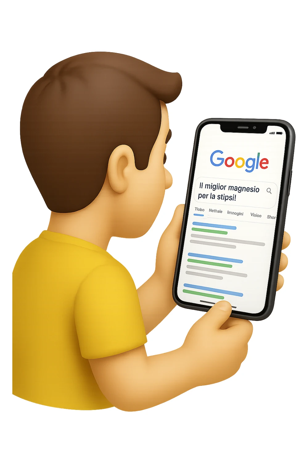 emoji stile iphone di un uomo davanti al pc che cerca di google: "Il miglior magnesio per la stipsi", iperrealistico 4k sticker