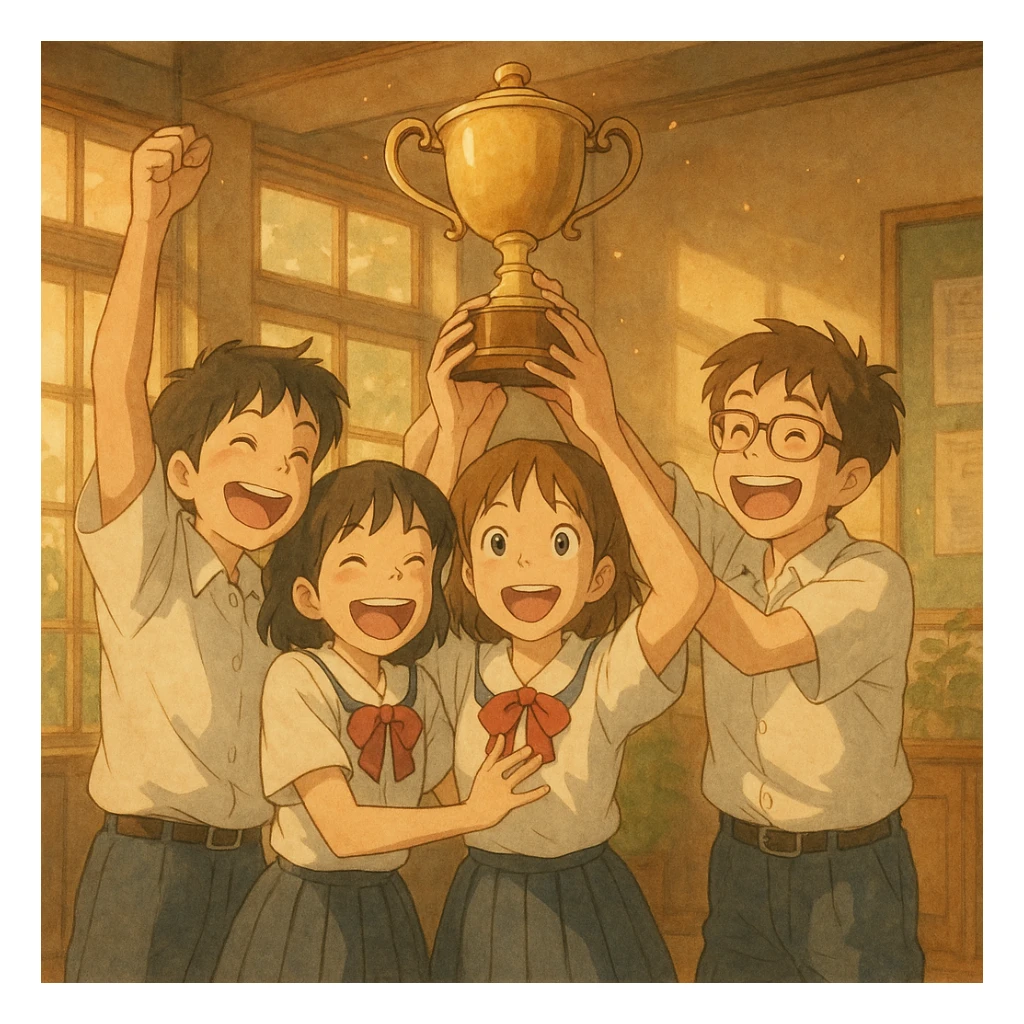 four students in a warm atmosphere lifting a trophy, joyful atmosphere, ghibli style sticker