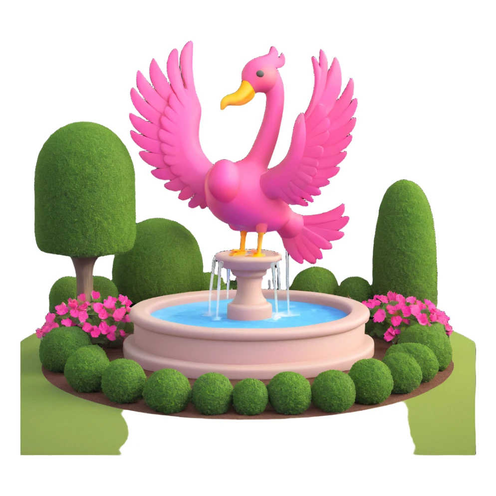 small yard with a fountain and a large pink bird sculpture sticker