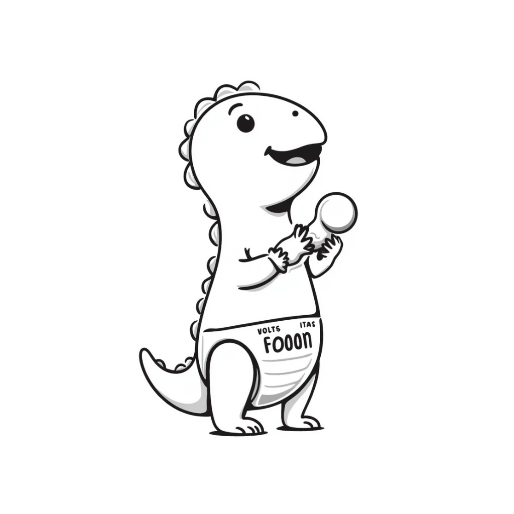 A hand-drawn baby T-Rex toy with a diaper and tiny arms holding a rattle sticker