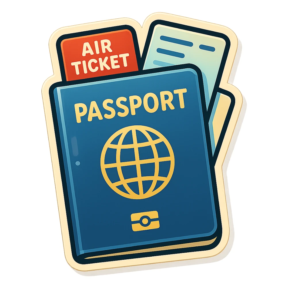 vector-style drawing of a closed passport with one ticket sticking out from the side and another from the top, in a retro sticker style with bold outlines and glossy highlights sticker