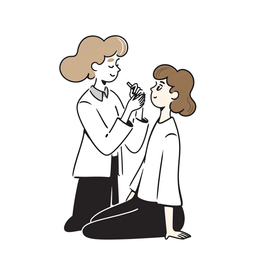 woman with light brown hair undergoing MMP capillary application sticker