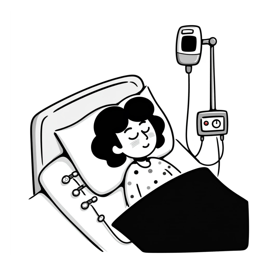 patient sleeping in bed with EEG electrodes, pulse oximeter, and other sensors for polysomnography sleep study sticker