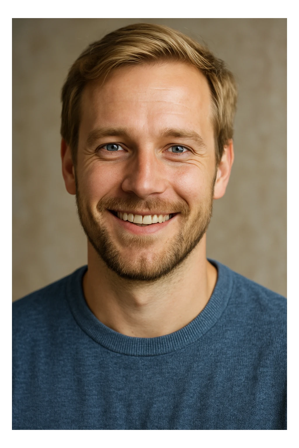 A smiling blonde man, age 35, with blue eyes and a light beard. sticker