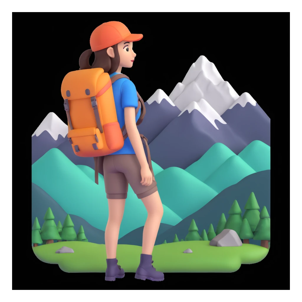 girl back packing mountains in background, close up pose sticker