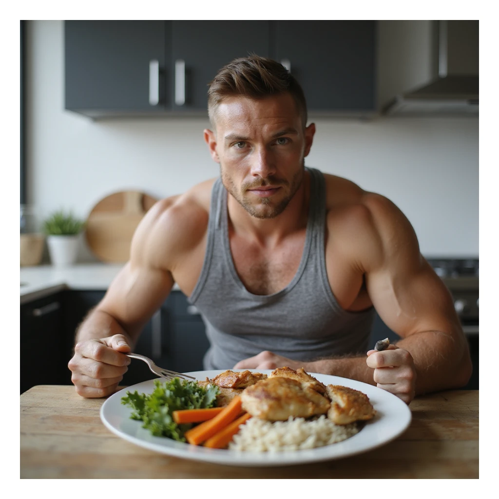 athletic man sitting at table following a healthy balanced diet, plate with healthy foods including chicken, vegetables, rice, motivational atmosphere, hyperrealistic 4K details, modern bright environment sticker
