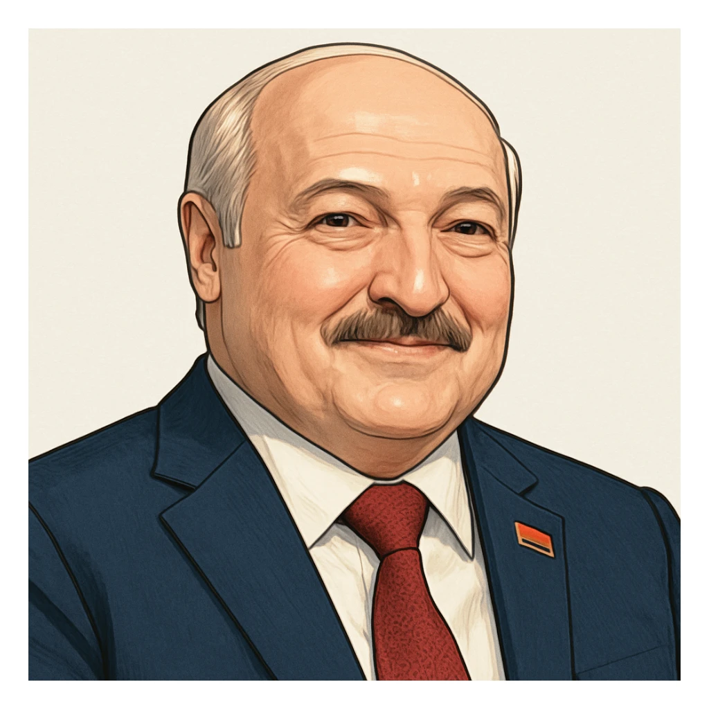 Александр Лукашенко в слегка рисованном, но при это объемный стиле, слегка улыбается, прозрачный фон sticker
