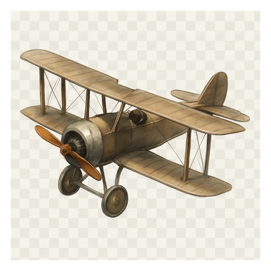 Самолет времен Первой Мировой, слегка рисованный, но объемный стиль, без опознавательных знаков, прозрачный фон sticker