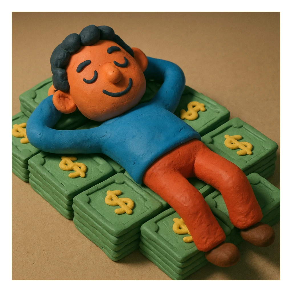 happy person napping on mattress of money sticker