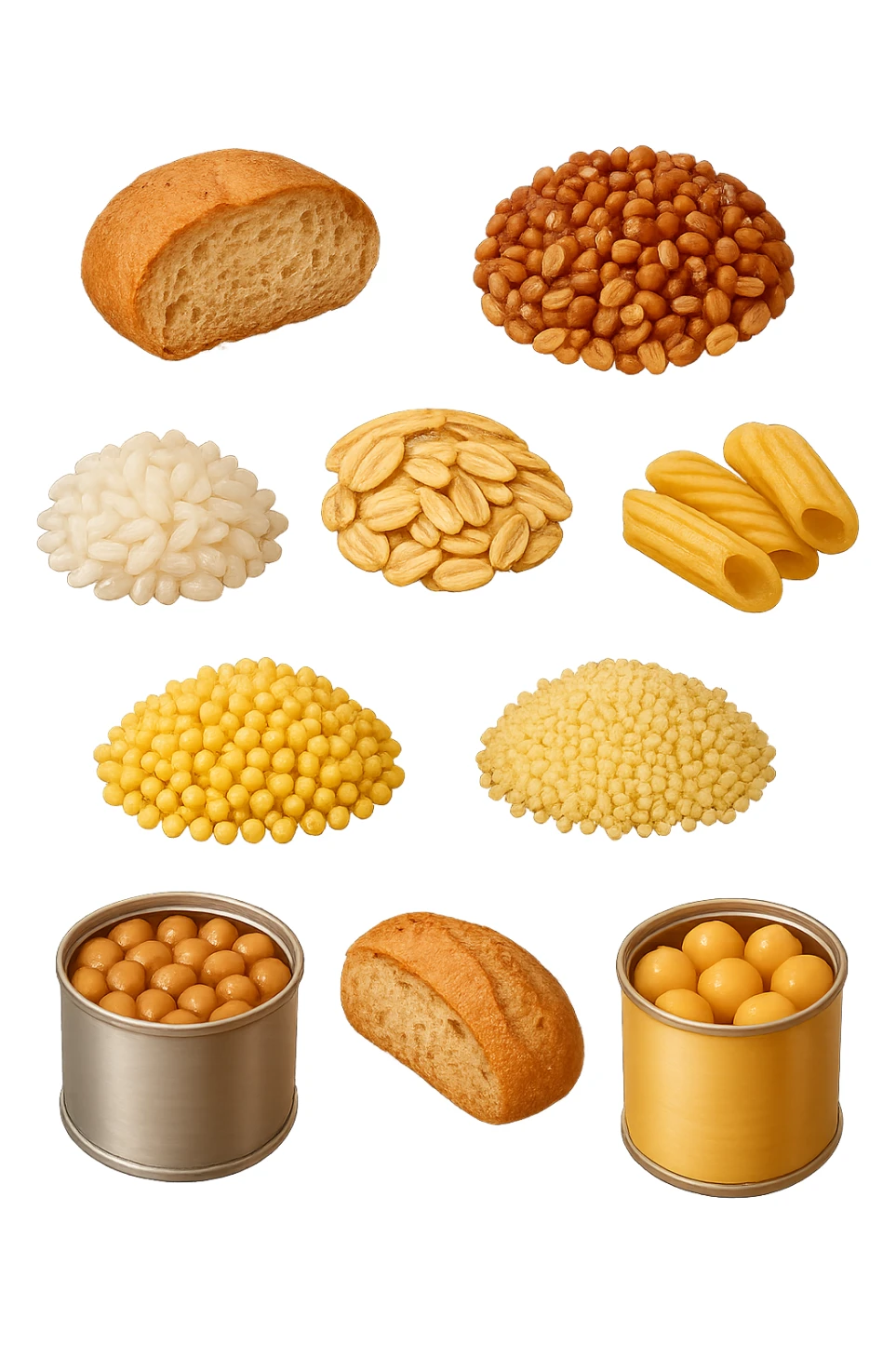 emoji stile iphone 3d di questi elementi che fluttuano in aria:

Riso, quinoa, avena, miglio, couscous senza glutine
Pasta e pane gluten-free
Farro a lievitazione lunga
Lenticchie e ceci in scatola

 che fluttuano in aria, iperealistico 4k sticker