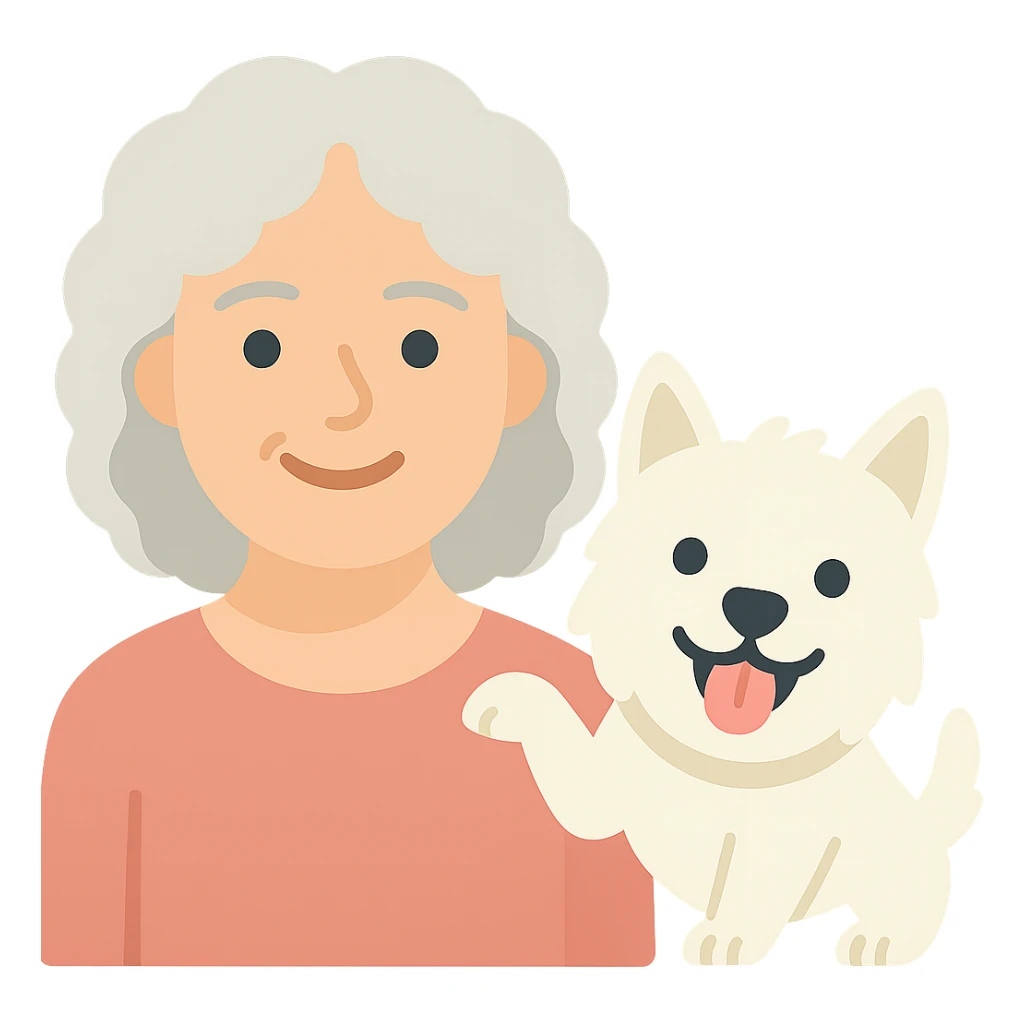 Make the Westie dog playful, with an energetic pose or playful expression, keep the 50-year-old lady with silver curly hair smiling sticker