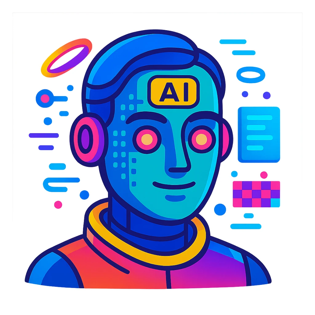 futuristic AI-Ambassador, abstract AI face with digital patterns, floating holographic elements, vibrant colors in vibrant toon style sticker