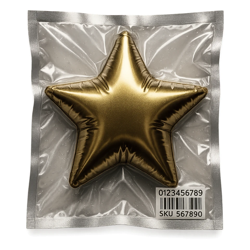 star, metallic and inflated appearance, vacuum-sealed style sticker