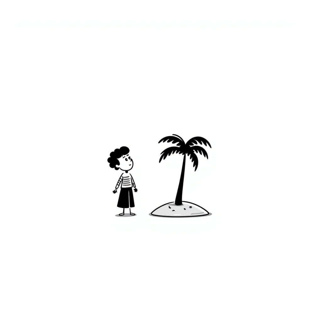 stranded man on island with a single coconut tree in doodle style sticker