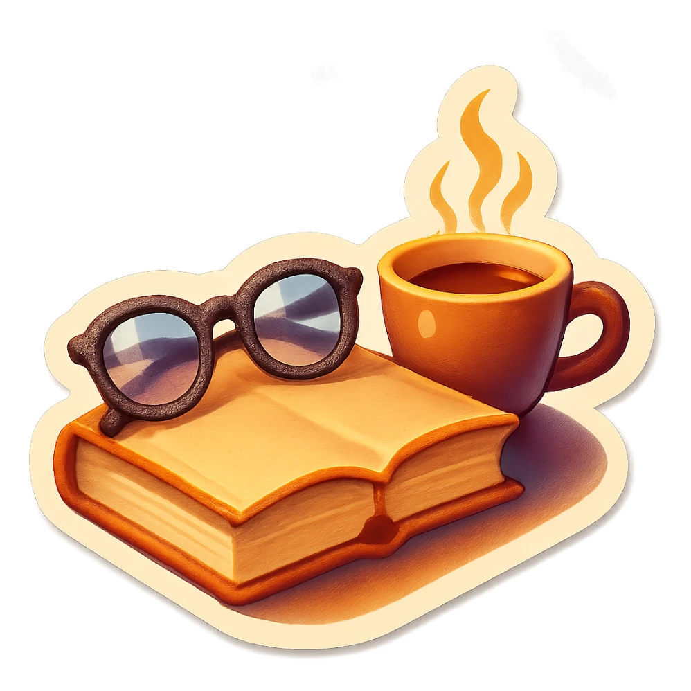 book with a coffee cup next to it and glasses on the book, retro stickers style, clear outlines, strong shadows and highlights, fun and not too complex sticker
