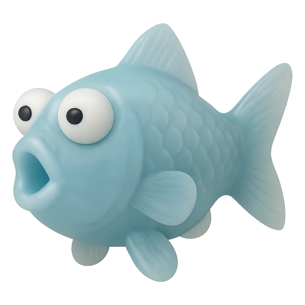 Make the fish even more see-through while keeping the body semi-transparent blue plastic. The fish should be facing directly to the side (90 degrees from the camera), no tag, eyes derpy and going in opposite directions. No background. Hyper-detailed, soft plastic 90's toy look, soft reflections, soft and squishy, some cloudiness, not shiny, highly detailed, appealing. sticker
