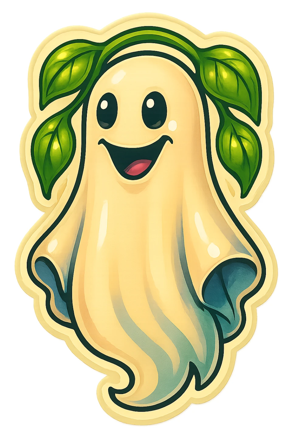 Move the vine and leaves from the ghost's head to behind the ghost as decorative elements in the background. The leaves and vine should frame or accent the ghost from behind, not covering its face or body. Maintain the retro sticker style with expressive shadows and highlights, and keep the friendly look of the ghost. sticker