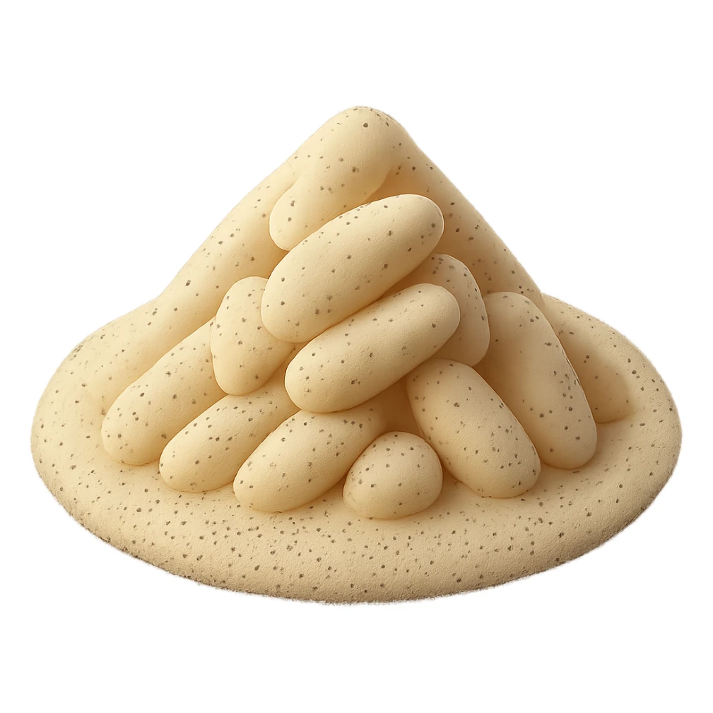 Increase the number and visibility of dark vanilla specks throughout the vanilla sugar mound. Make the specks more prominent and clearly scattered across the surface, while keeping the sugar fine, dry, and soft. Maintain the 3D-rendered, clean, minimal Apple emoji style with transparent background and emoji scale. The style is Apple emoji style with a 3D-rendered clean minimal look. sticker