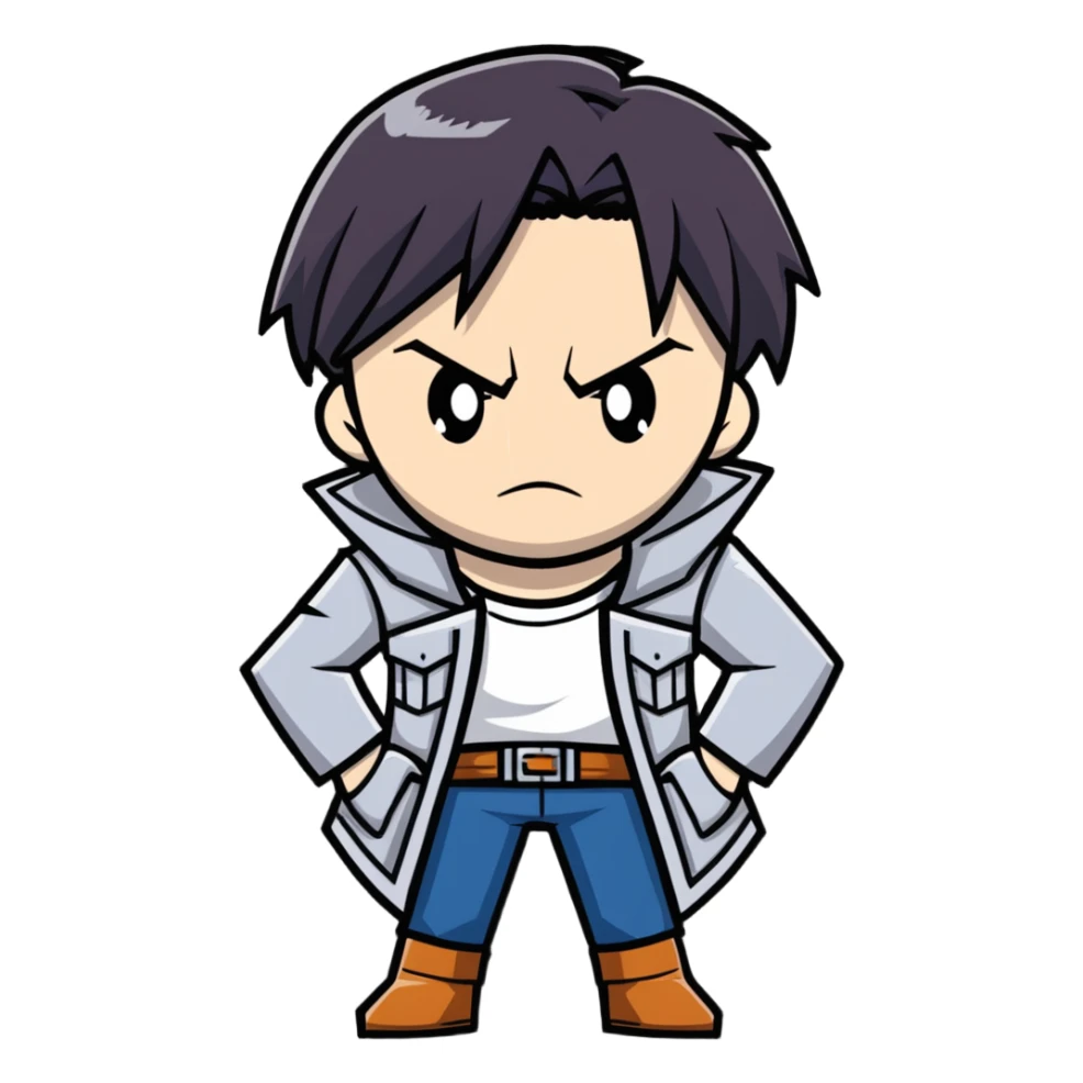 Levi Ackerman from Attack on Titan, with serious expression, wielding ODM gear sticker