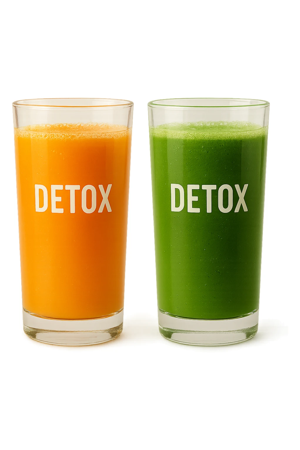 DUE BICCHIERI DI SUCCO DI FRUTTA, UNO ARANCIONE E UNO VERDE, CON LA SCRITTA DETOX SUL BICCHIERE,  realistici sticker