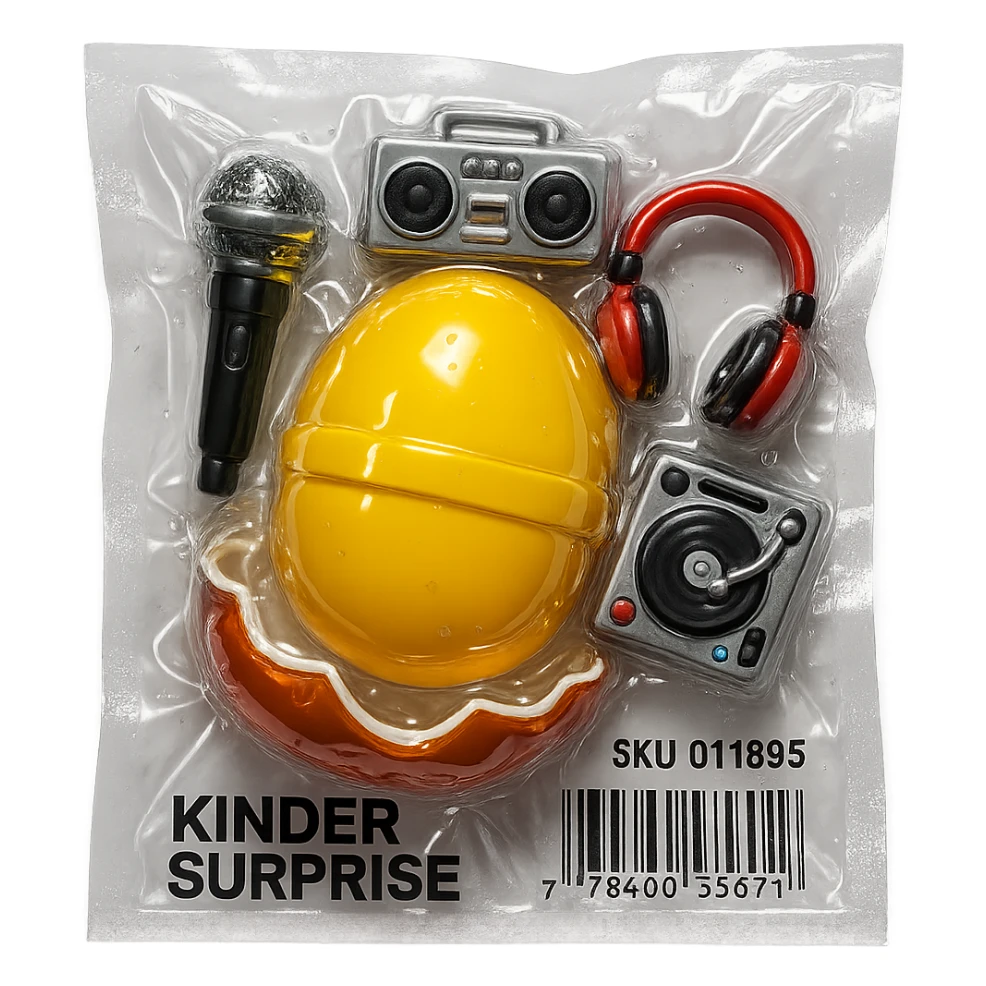 Kinder Surprise egg opened, showing toys including microphone, boombox, headphones, DJ turntable, shiny and inflated vacuum-sealed style sticker