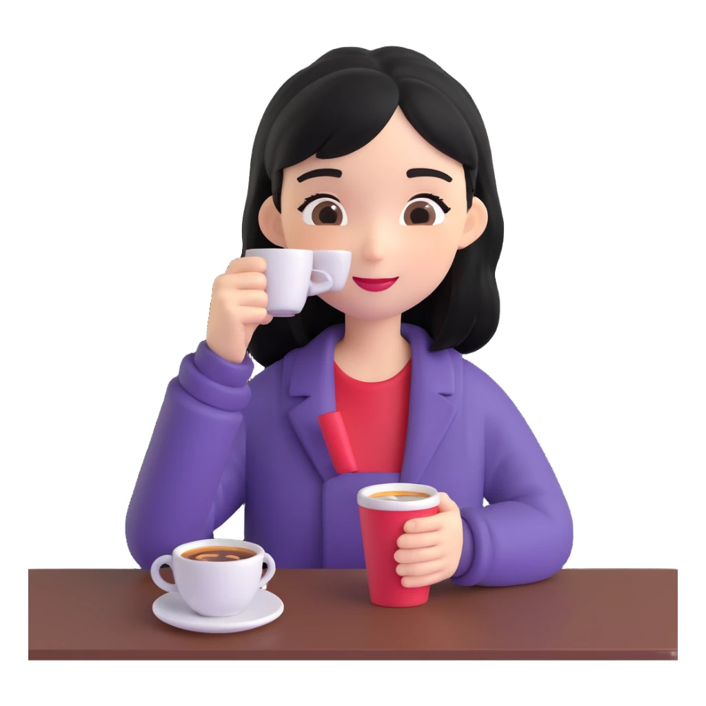 black-haired girl enjoying coffee, emoji style sticker