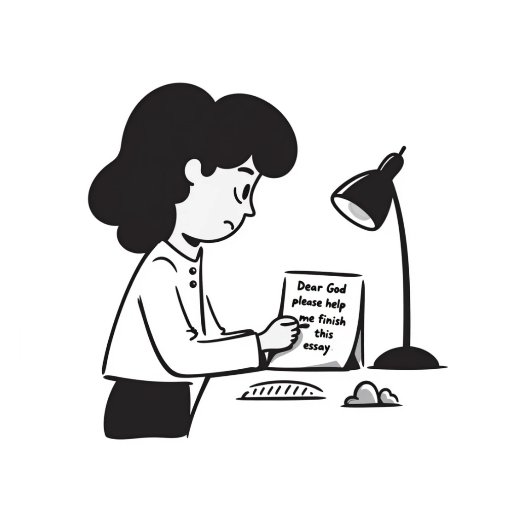 Stressed student writing an essay that begins with "Dear God, please help me finish this essay" in sketchy handwriting sticker